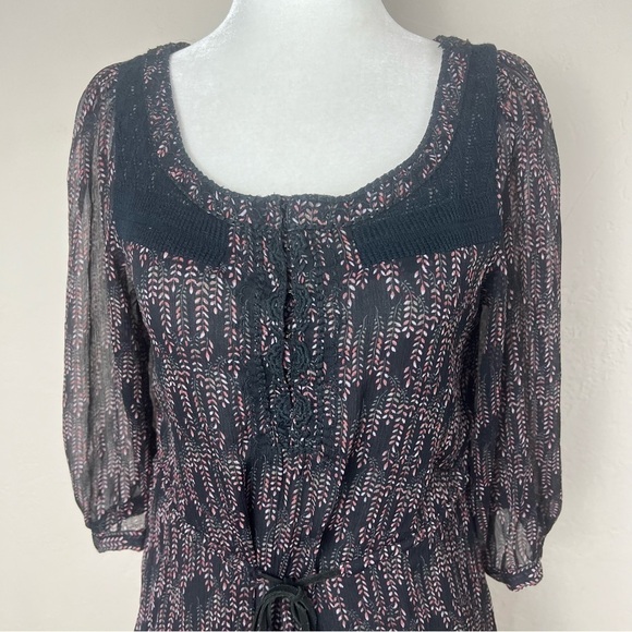 Free People Floral Boho Folk Leather Drawstring Chiffon Mini Dress Size Small - Picture 2 of 13
